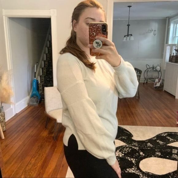 THEORY CASHMERE CREW NECK PUFF BALLOON SLEEVE PALE BLUE SPLIT HEM SWEATER M - Picture 2 of 8